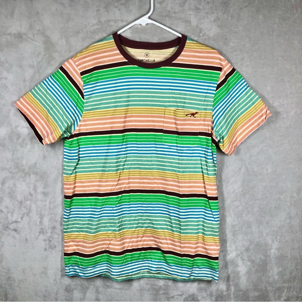 Coachella Festival Roadrunner T-Shirt Size M Green Brown Striped Music Funky Fun